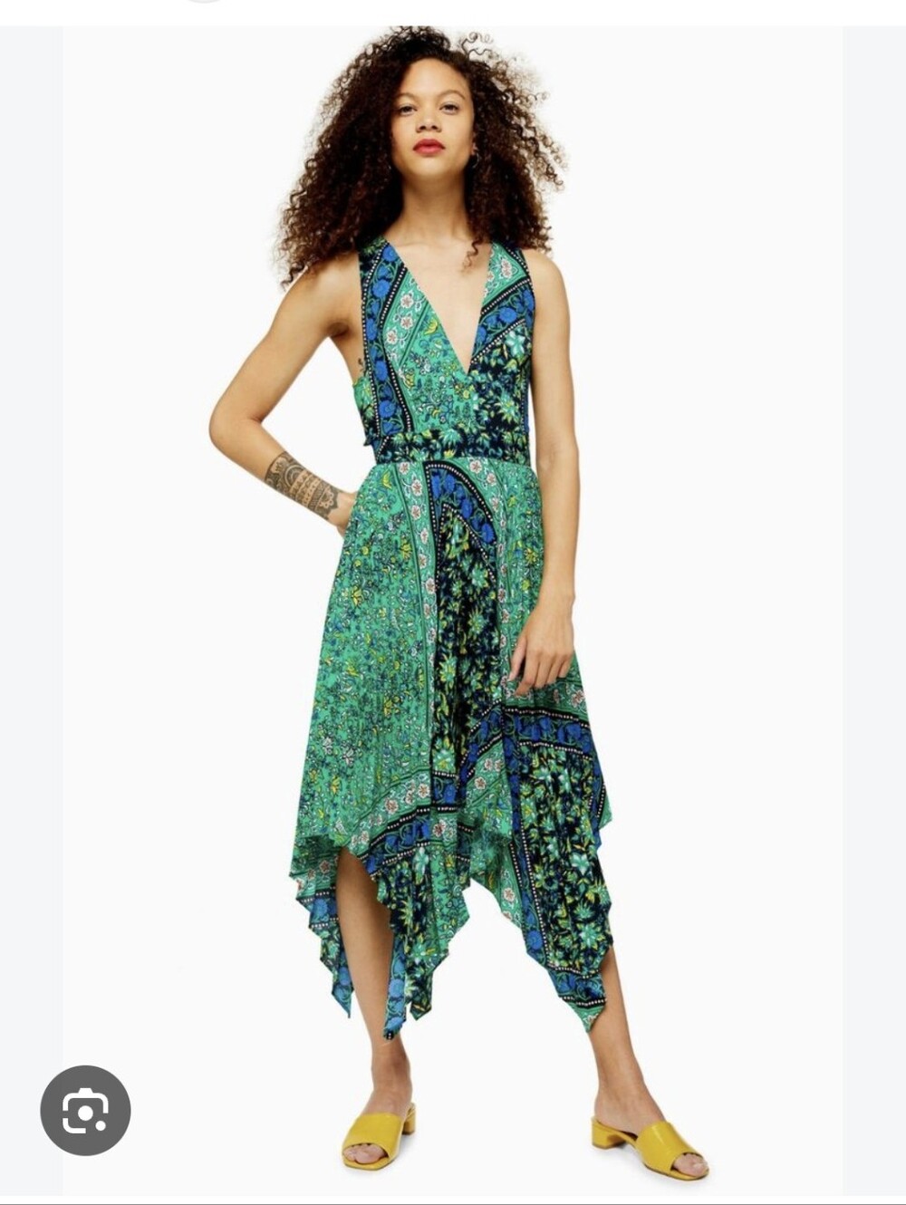 Topshop Green Printed Asymmetrical Handkerchief Hem Dress SZ 8